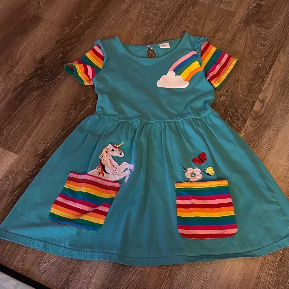 Kids Rainbow Pocket Unicorn Dress - Teal